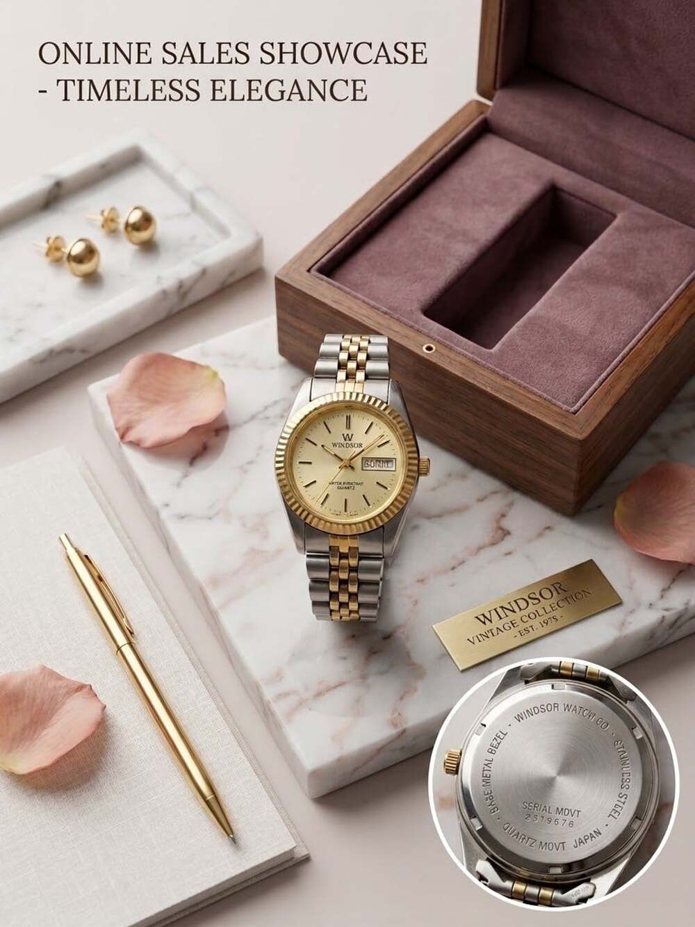 Windsor Vintage Two Tone Fluted Bezel Day Date Quartz Watch